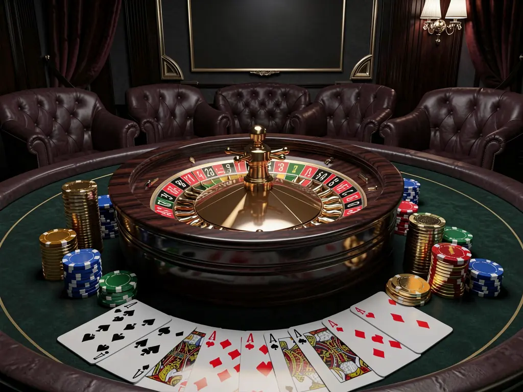 Ilustrasi 3D realistis dari suasana kasino online modern yang menampilkan roda rolet, kartu permainan, chip poker, dan koin emas di atas meja mengilap dengan latar belakang mewah gelap, yang menampilkan pengalaman merek 1166X