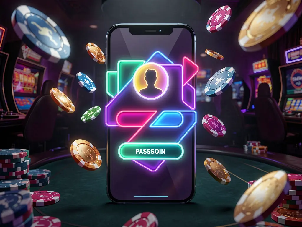 Layar masuk kasino seluler 1166X pada ponsel dengan bentuk antarmuka abstrak untuk profil pengguna dan kolom kata sandi, efek cahaya neon, chip dan koin beterbangan, berlatar suasana kasino premium gelap
