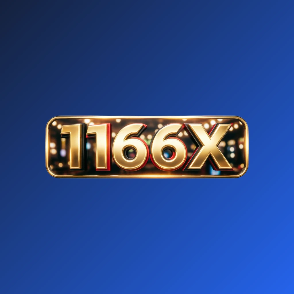 Logo kasino mewah untuk 1166X dengan teks gradasi emas yang kaya dengan aksen merah dan hitam, pencahayaan elegan, serta gaya hiburan kelas atas dalam desain tanda kata persegi panjang horizontal pada latar belakang transparan